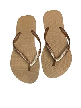🌻NEW w/tag Havaianas Thin Golden Metallic Flip Flops Thong Sandals Women's 7/8